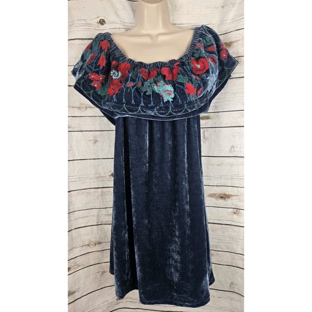 Umgee Blue Velvet Embroidered Dress XL Off Shoulder Flounce Womens Whimsigoth